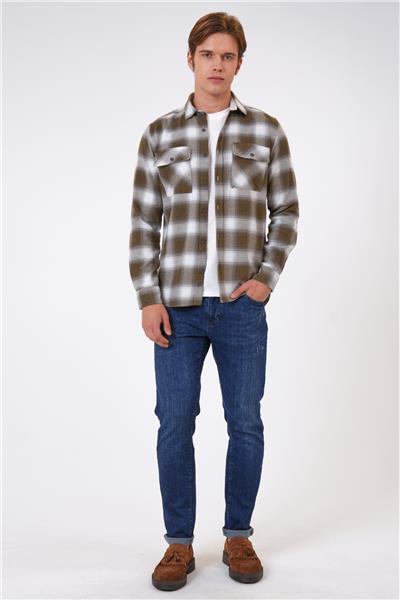 Haki Regular Fit %100 Pamuk Ekoseli Gömlek