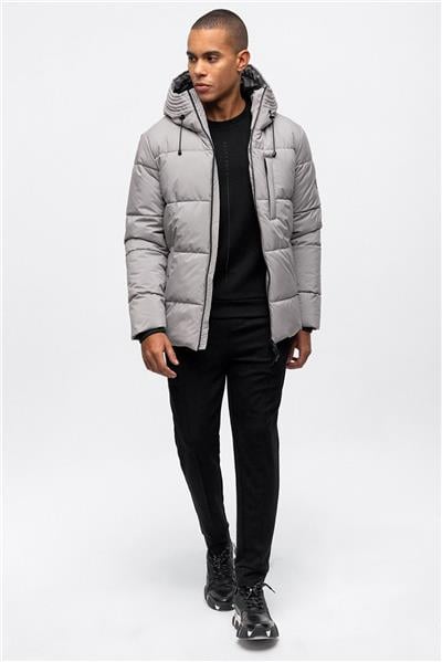 Gri Regular Fit Su Geçirmez Termostatik Kapüşonlu Puffer Mont