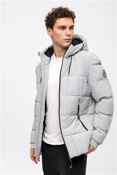 Gri Regular Fit Su Geçirmez Termostatik Kapüşonlu Puffer Mont