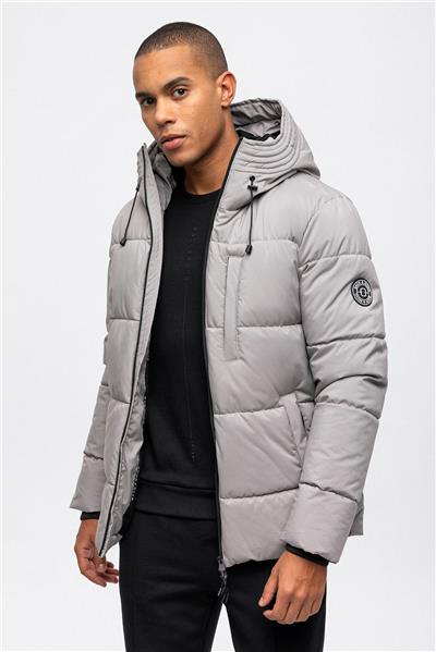 Gri Regular Fit Su Geçirmez Termostatik Kapüşonlu Puffer Mont
