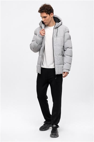 Gri Regular Fit Su Geçirmez Termostatik Kapüşonlu Puffer Mont