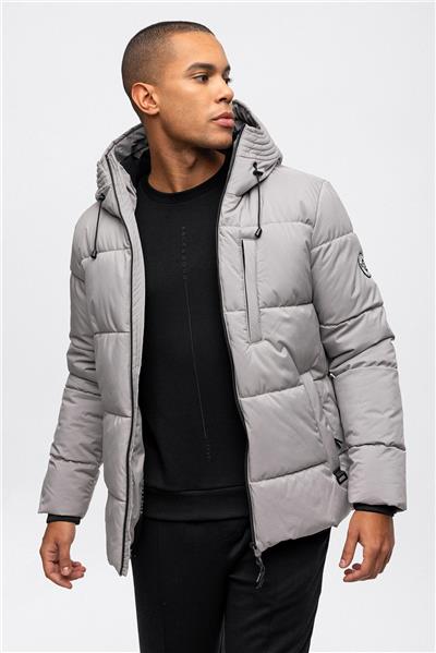 Gri Regular Fit Su Geçirmez Termostatik Kapüşonlu Puffer Mont