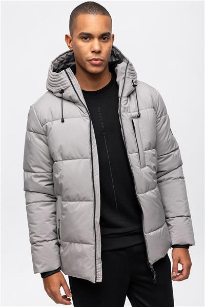 Gri Regular Fit Su Geçirmez Termostatik Kapüşonlu Puffer Mont