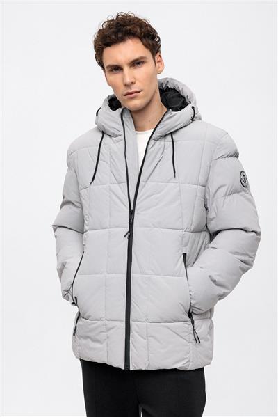 Gri Regular Fit Su Geçirmez Termostatik Kapüşonlu Puffer Mont