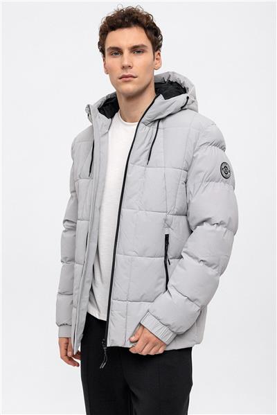 Gri Regular Fit Su Geçirmez Termostatik Kapüşonlu Puffer Mont