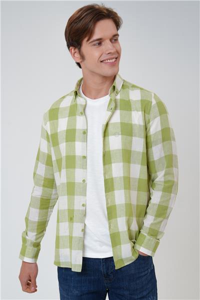 Yeşil Regular Fit Pamuklu Ekoseli Gömlek