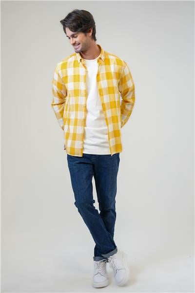 Turuncu Regular Fit Pamuklu Ekoseli Gömlek