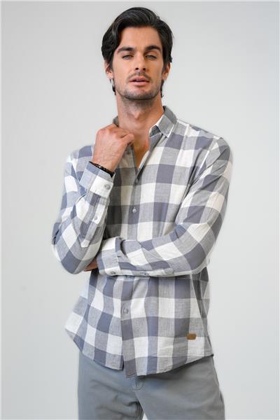 Gri Regular Fit Pamuklu Ekoseli Gömlek