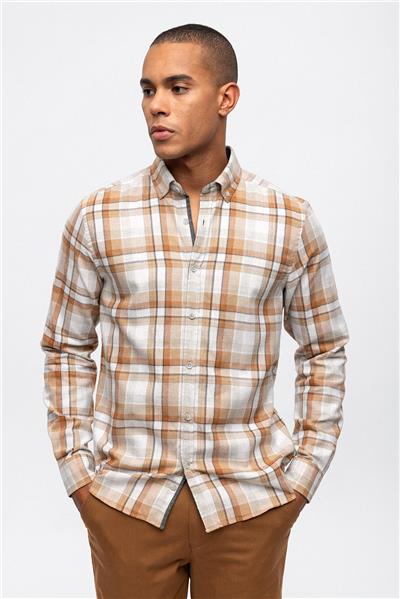 Kahverengi Regular Fit Pamuklu Ekoseli Gömlek