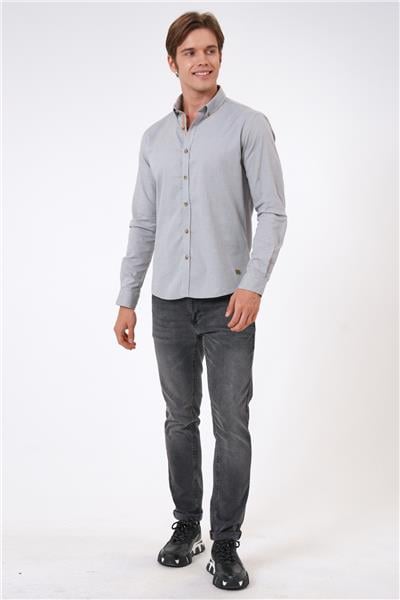 Gri Slim Fit %100 Pamuk Kolay Ütülenebilir Oxford Gömlek