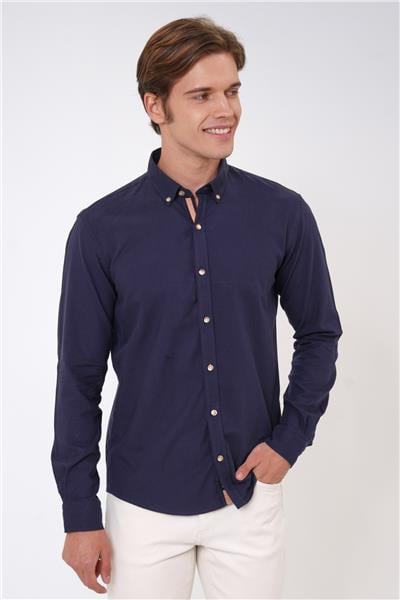 Lacivert Slim Fit %100 Pamuk Kolay Ütülenebilir Oxford Gömlek
