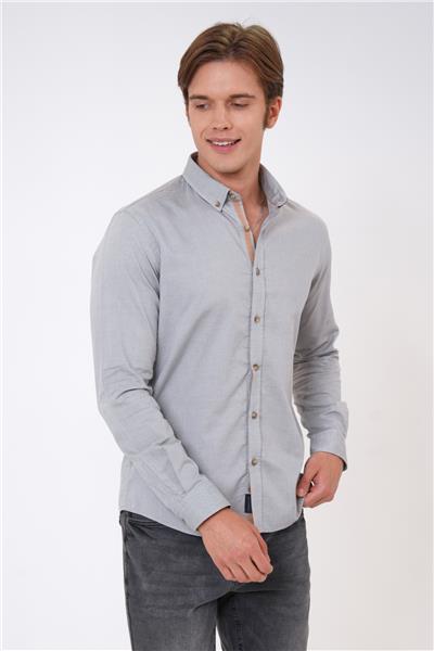 Gri Slim Fit %100 Pamuk Kolay Ütülenebilir Oxford Gömlek