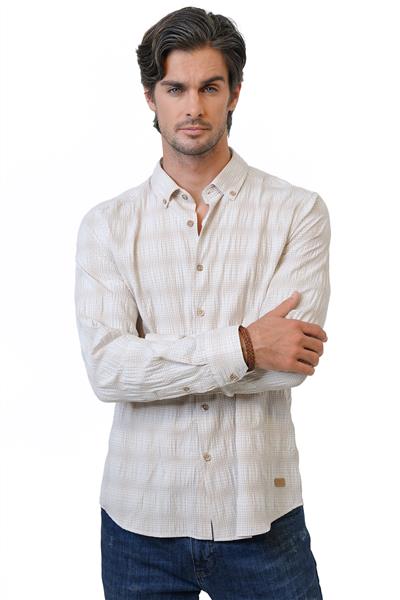 Bej Regular Fit %100 Pamuk Ekoseli Gömlek