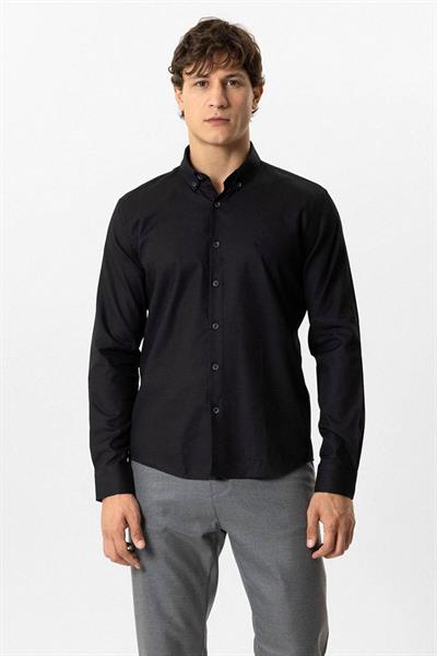 Siyah Slim Fit Armürlü %100 Pamuk Gömlek