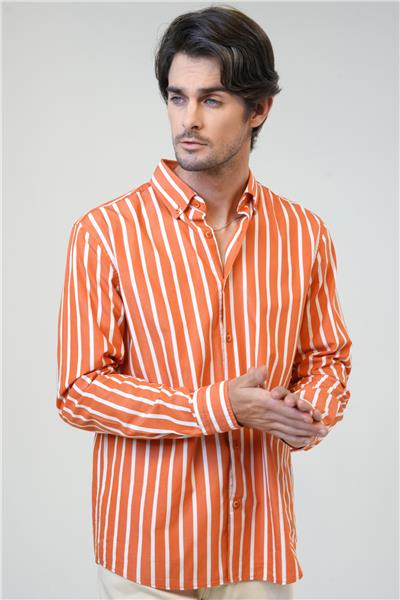 Turuncu Regular Fit Pamuklu Çizgili Gömlek