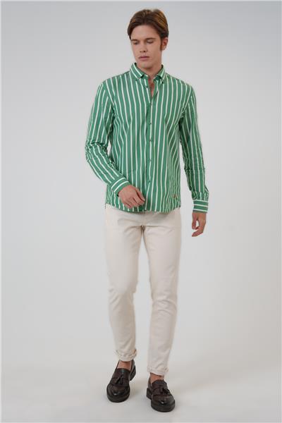 Yeşil Regular Fit Pamuklu Çizgili Gömlek