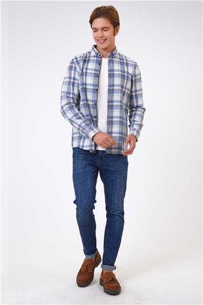Mavi Regular Fit Pamuklu Ekoseli Gömlek