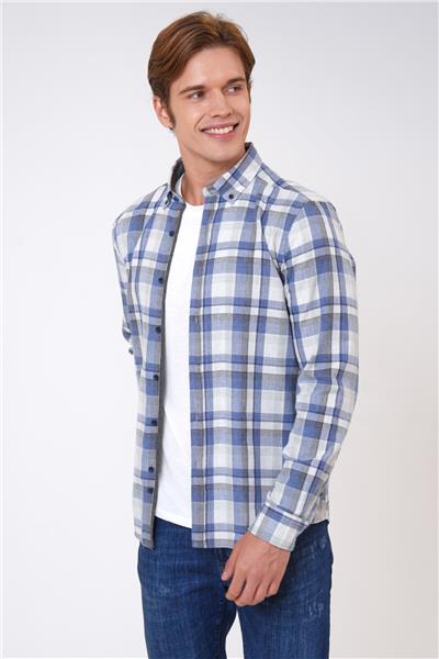 Mavi Regular Fit Pamuklu Ekoseli Gömlek
