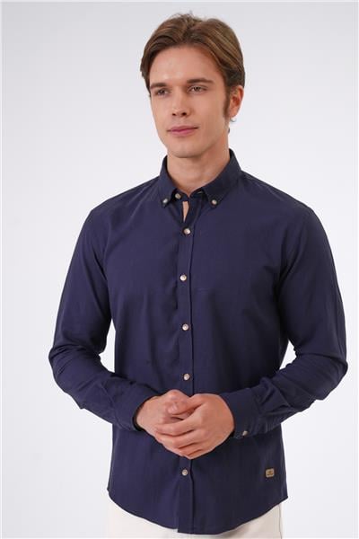 Lacivert Slim Fit %100 Pamuk Kolay Ütülenebilir Oxford Gömlek