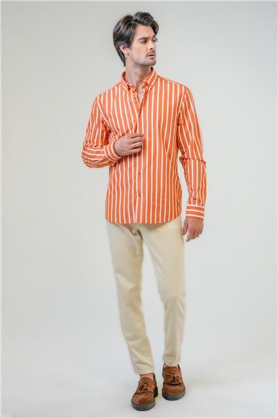 Turuncu Regular Fit Pamuklu Çizgili Gömlek