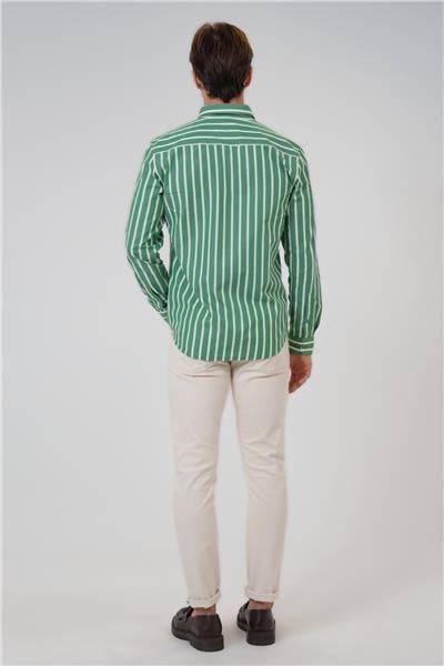 Yeşil Regular Fit Pamuklu Çizgili Gömlek