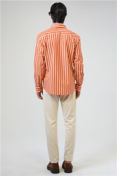 Turuncu Regular Fit Pamuklu Çizgili Gömlek