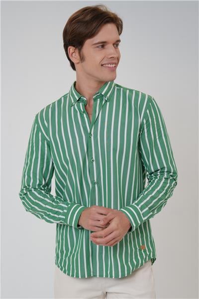 Yeşil Regular Fit Pamuklu Çizgili Gömlek