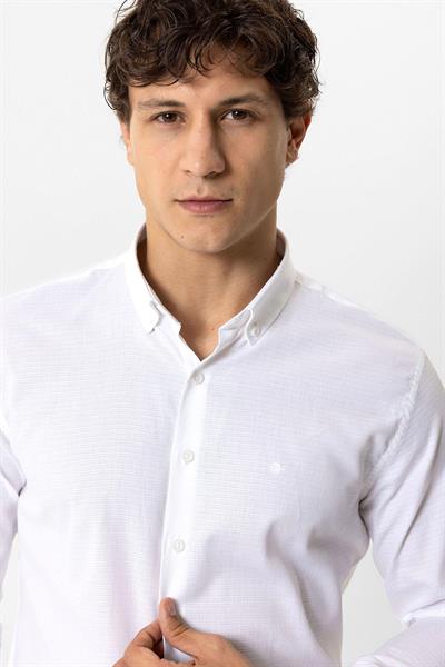 Beyaz Slim Fit Armürlü %100 Pamuk Gömlek