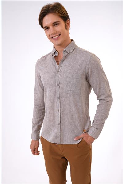 Bej Regular Fit Pamuklu Tek Cepli Gömlek