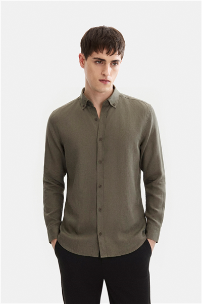 Haki Düğmeli Yaka Modern Gömlek