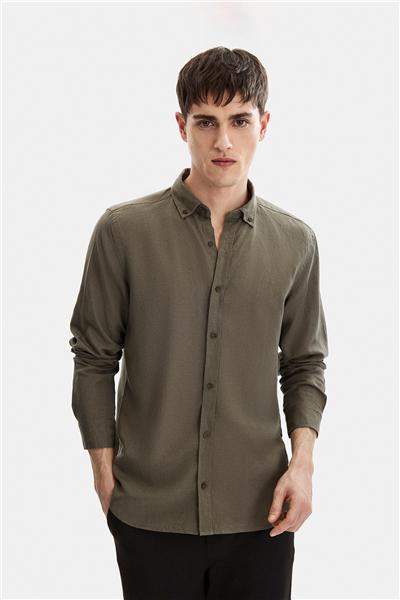 Haki Düğmeli Yaka Modern Gömlek