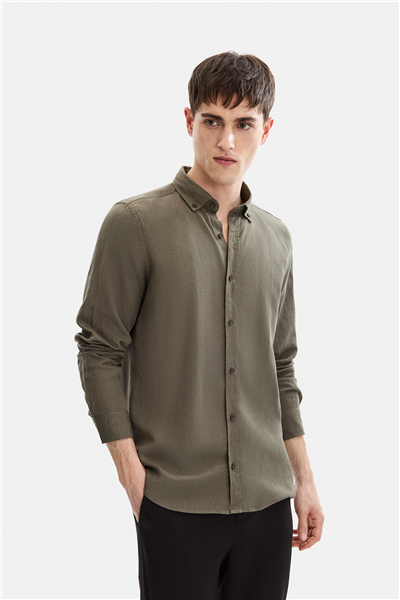 Haki Düğmeli Yaka Modern Gömlek