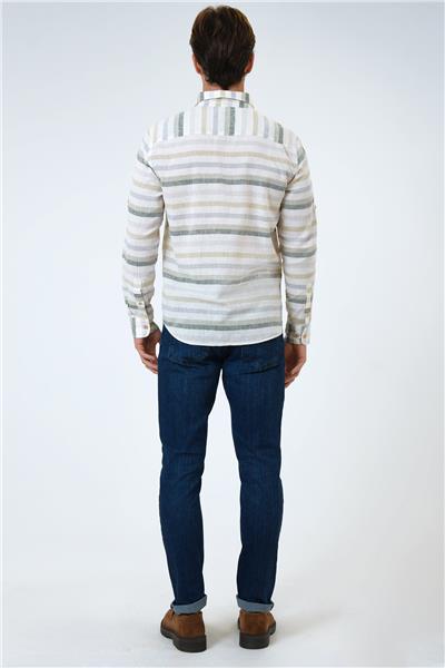 Yeşil Regular Fit Çizgili Keten Gömlek