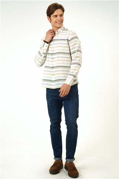 Yeşil Regular Fit Çizgili Keten Gömlek