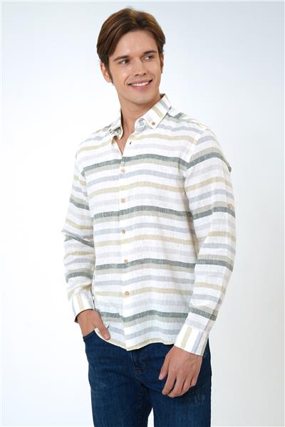 Yeşil Regular Fit Çizgili Keten Gömlek