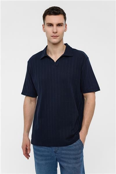 Lacivert Regular Fit %100 Pamuk Düğmesiz Polo Yaka Tişört