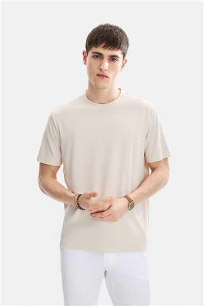 Ekru Regular Fit Örme Bisiklet Yaka Tişört