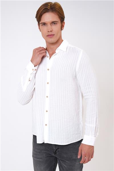 Ekru Regular Fit Pamuklu Desenli Gömlek