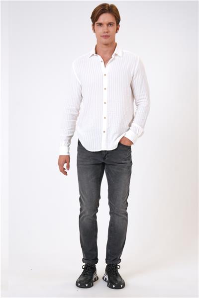 Ekru Regular Fit Pamuklu Desenli Gömlek