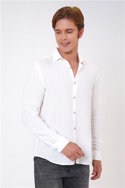 Ekru Regular Fit Pamuklu Desenli Gömlek