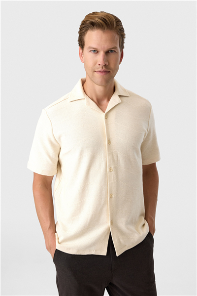 Ekru Relaxed Fit Küba Yaka Örme Gömlek
