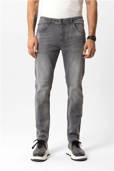 Gri Slim Fit Eskitme 5 Cepli Pamuklu Denim Pantolon