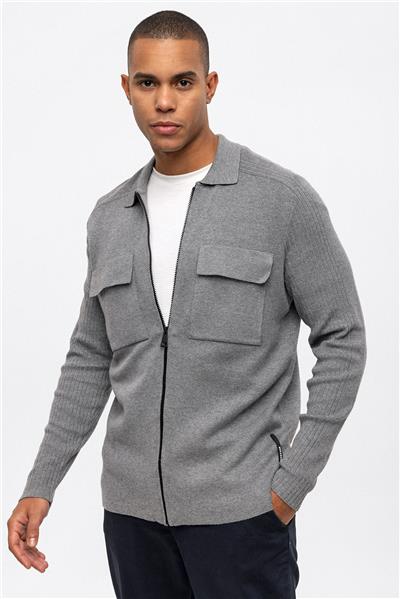 Gri Regular Fit Polo Yaka Fermuarlı Triko Hırka 