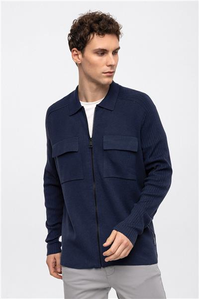 Lacivert Regular Fit Polo Yaka Fermuarlı Triko Hırka 