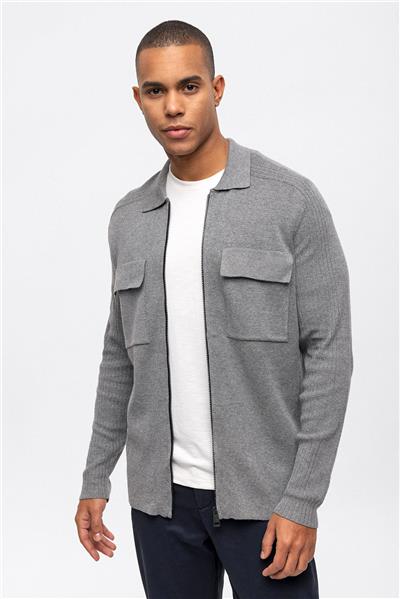 Gri Regular Fit Polo Yaka Fermuarlı Triko Hırka 