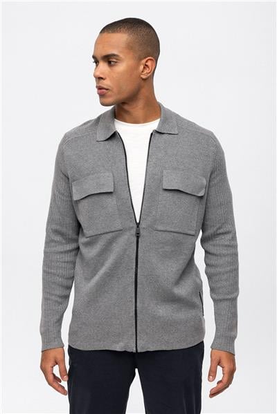 Gri Regular Fit Polo Yaka Fermuarlı Triko Hırka 