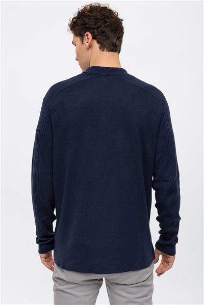 Lacivert Regular Fit Polo Yaka Fermuarlı Triko Hırka 