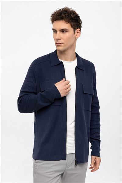 Lacivert Regular Fit Polo Yaka Fermuarlı Triko Hırka 