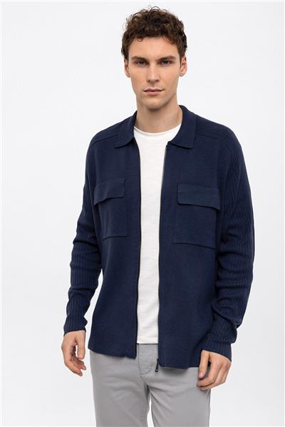 Lacivert Regular Fit Polo Yaka Fermuarlı Triko Hırka 