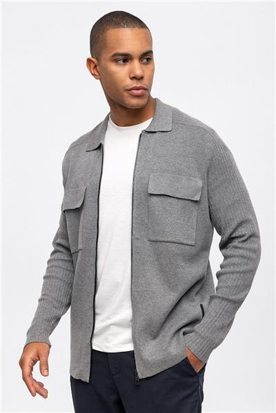 Gri Regular Fit Polo Yaka Fermuarlı Triko Hırka 